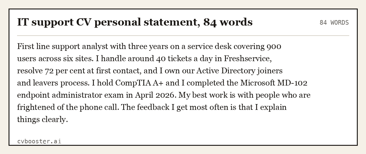 Complete IT support CV personal statement example, 84 words, laid out as it would sit in the application form