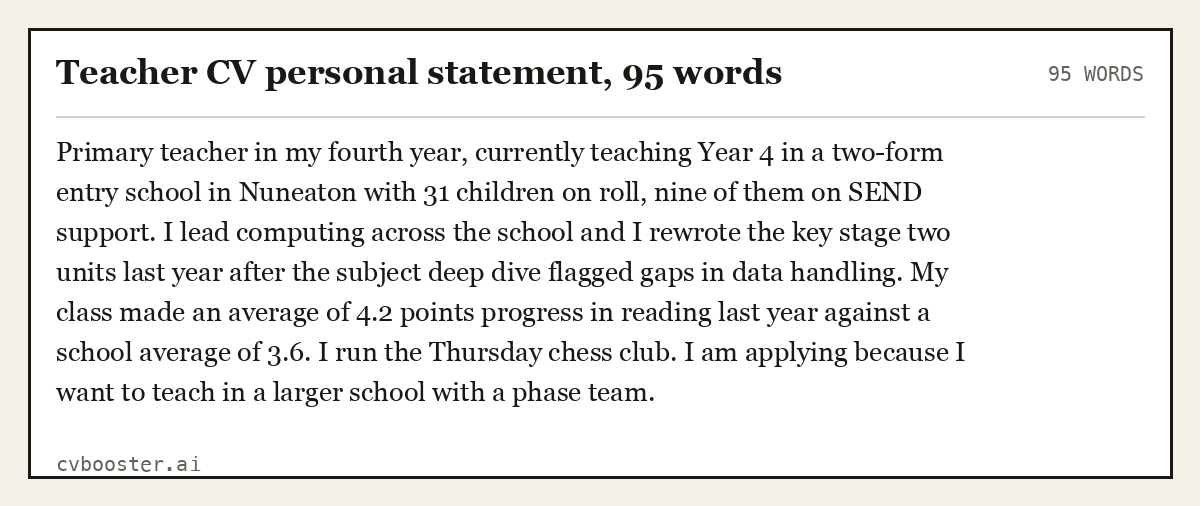 Complete Teacher CV personal statement example, 95 words, laid out as it would sit in the application form