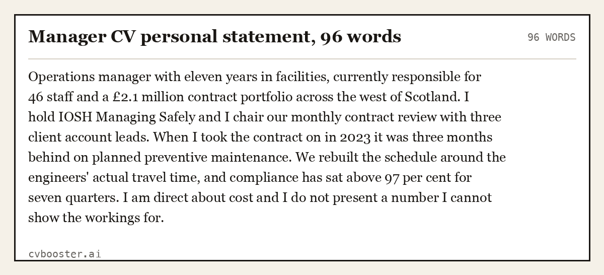 Complete Manager CV personal statement example, 96 words, laid out as it would sit in the application form