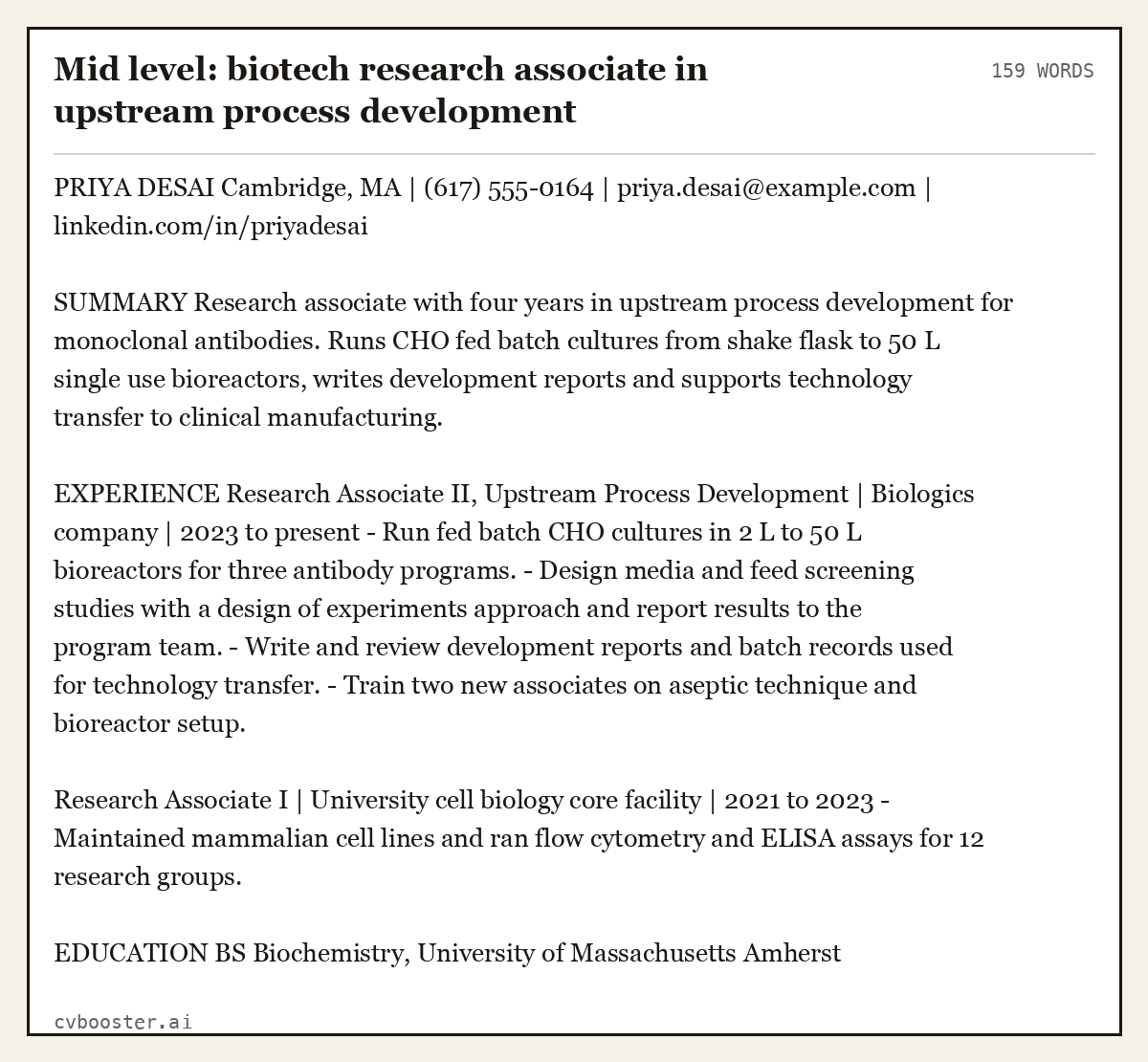 Complete Mid level: biotech research associate in upstream process development example, 159 words, laid out as it would sit in the application form