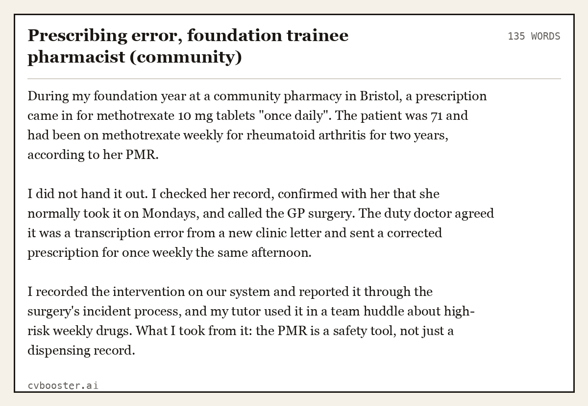 Complete Prescribing error, foundation trainee pharmacist (community) example, 135 words, laid out as it would sit in the application form