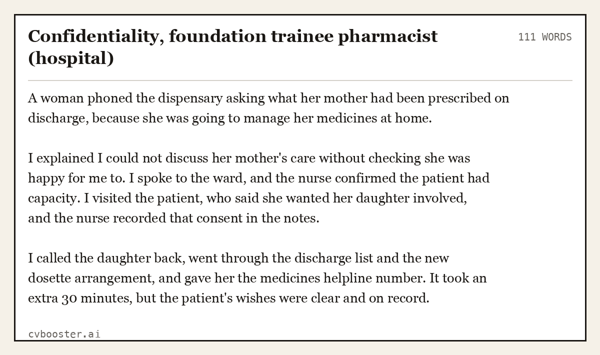 Complete Confidentiality, foundation trainee pharmacist (hospital) example, 111 words, laid out as it would sit in the application form