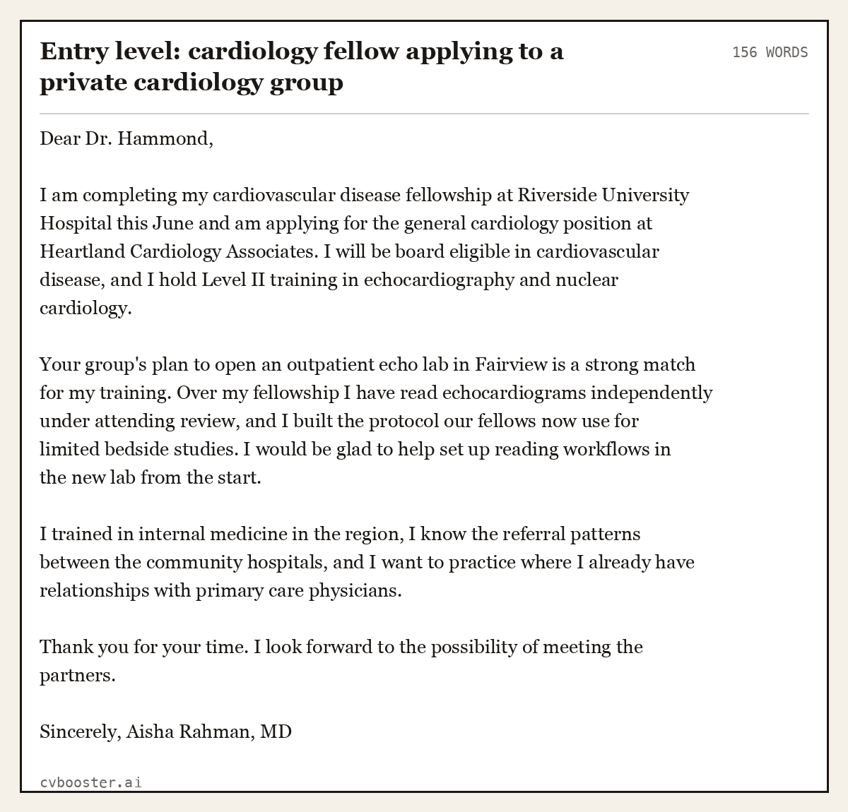 Complete Entry level: cardiology fellow applying to a private cardiology group example, 156 words, laid out as it would sit in the application form