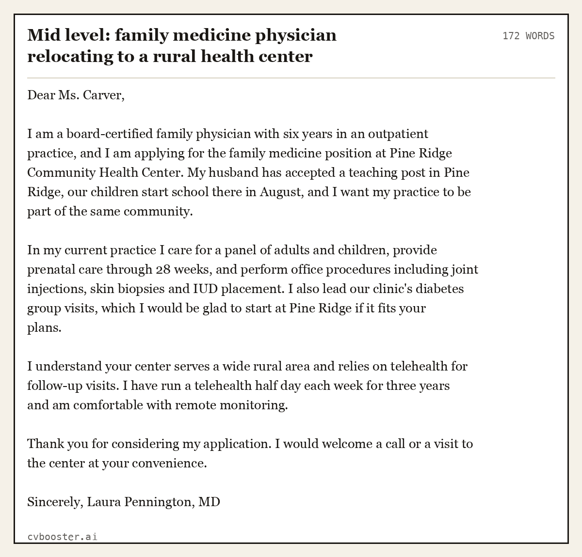 Complete Mid level: family medicine physician relocating to a rural health center example, 172 words, laid out as it would sit in the application form