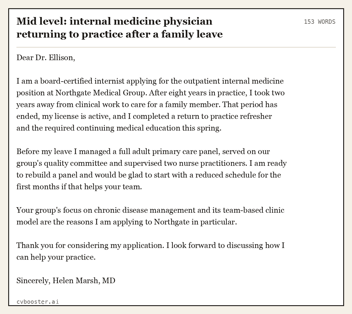 Complete Mid level: internal medicine physician returning to practice after a family leave example, 153 words, laid out as it would sit in the application form