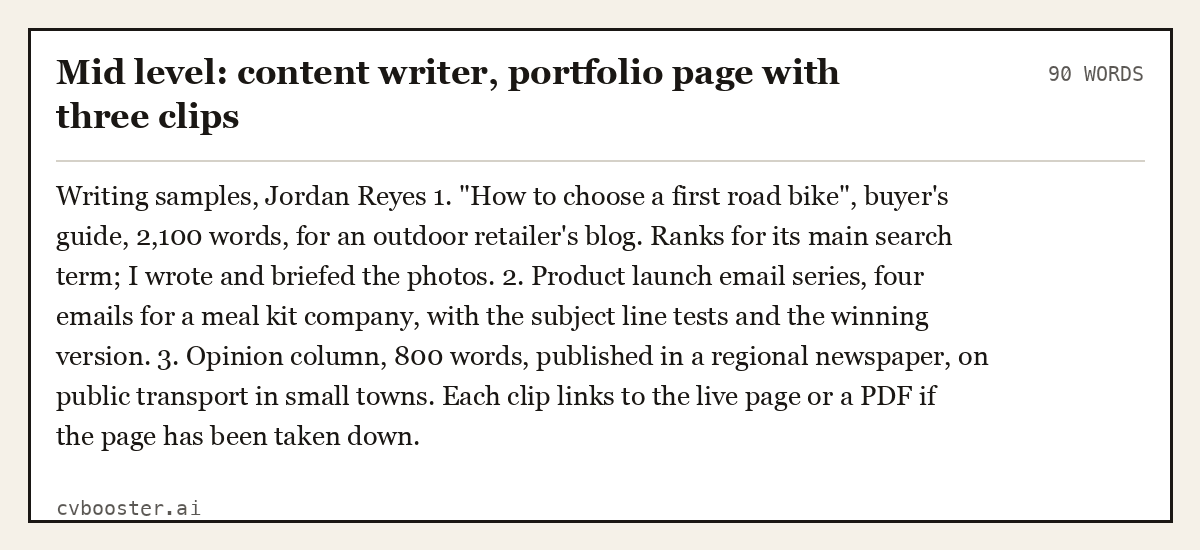 Complete Mid level: content writer, portfolio page with three clips example, 90 words, laid out as it would sit in the application form