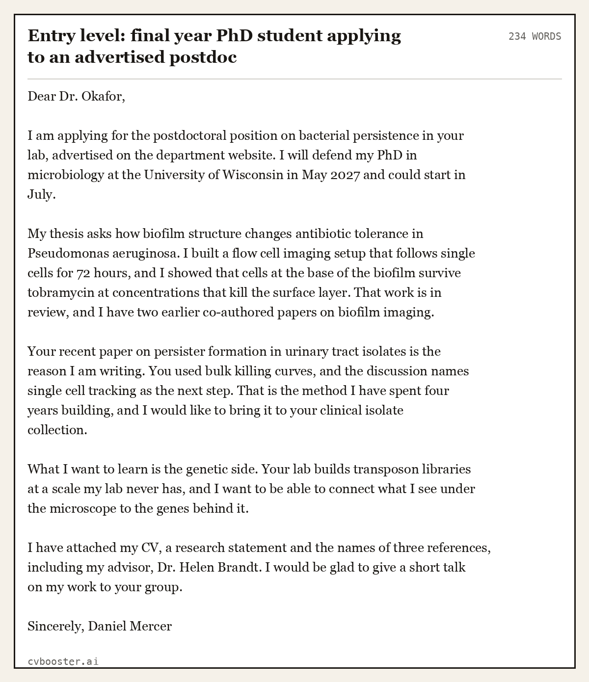 Complete Entry level: final year PhD student applying to an advertised postdoc example, 234 words, laid out as it would sit in the application form