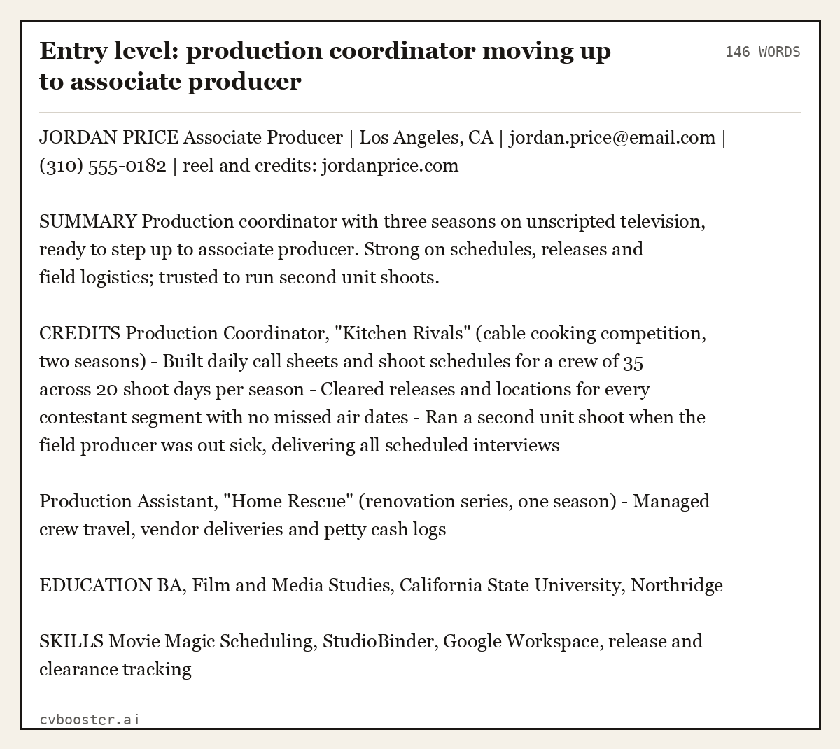 Complete Entry level: production coordinator moving up to associate producer example, 146 words, laid out as it would sit in the application form