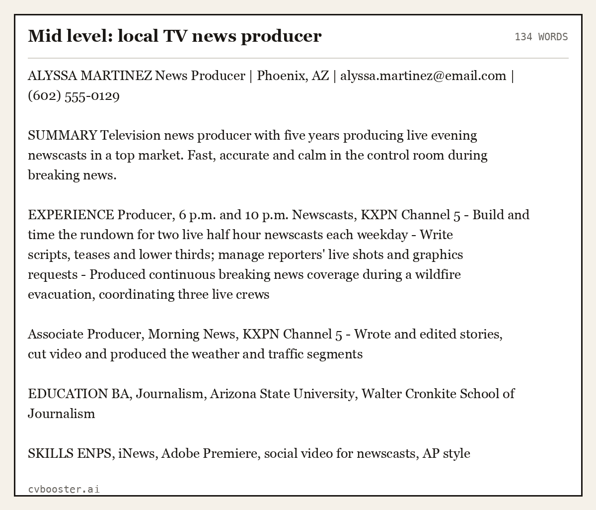 Complete Mid level: local TV news producer example, 134 words, laid out as it would sit in the application form