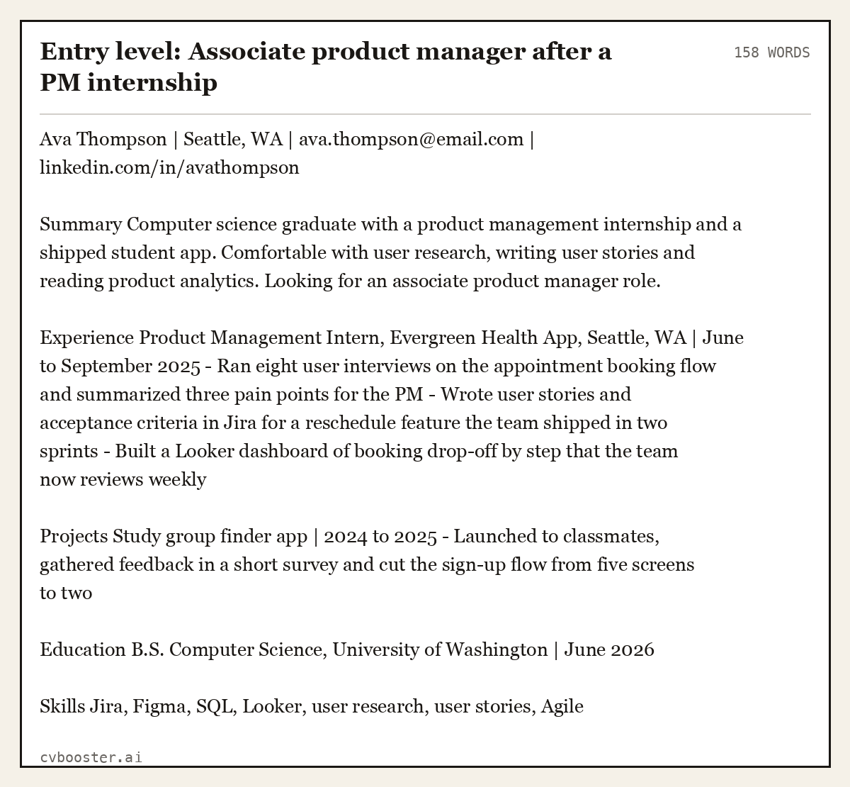Complete Entry level: Associate product manager after a PM internship example, 158 words, laid out as it would sit in the application form