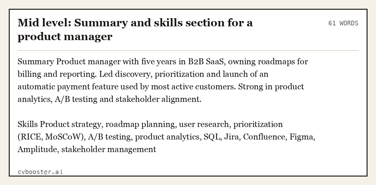 Complete Mid level: Summary and skills section for a product manager example, 61 words, laid out as it would sit in the application form