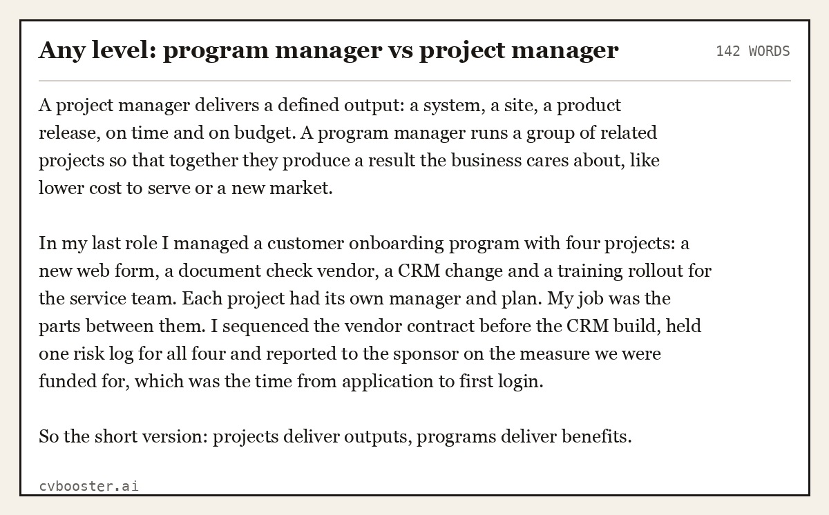 Complete Any level: program manager vs project manager example, 142 words, laid out as it would sit in the application form