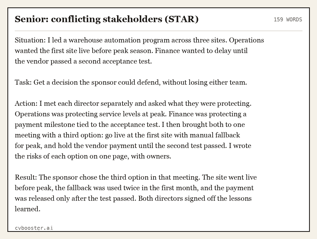 Complete Senior: conflicting stakeholders (STAR) example, 159 words, laid out as it would sit in the application form