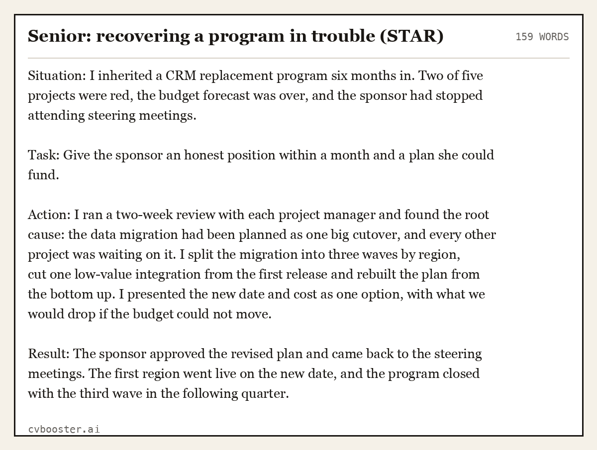 Complete Senior: recovering a program in trouble (STAR) example, 159 words, laid out as it would sit in the application form