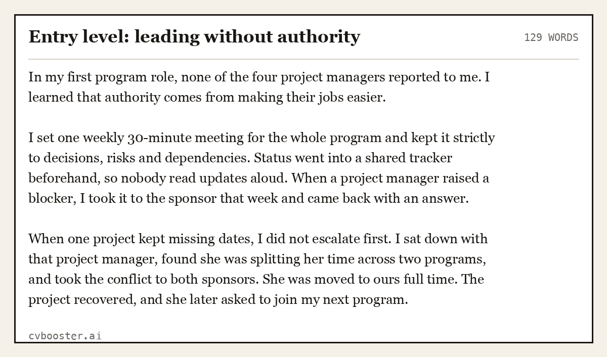 Complete Entry level: leading without authority example, 129 words, laid out as it would sit in the application form