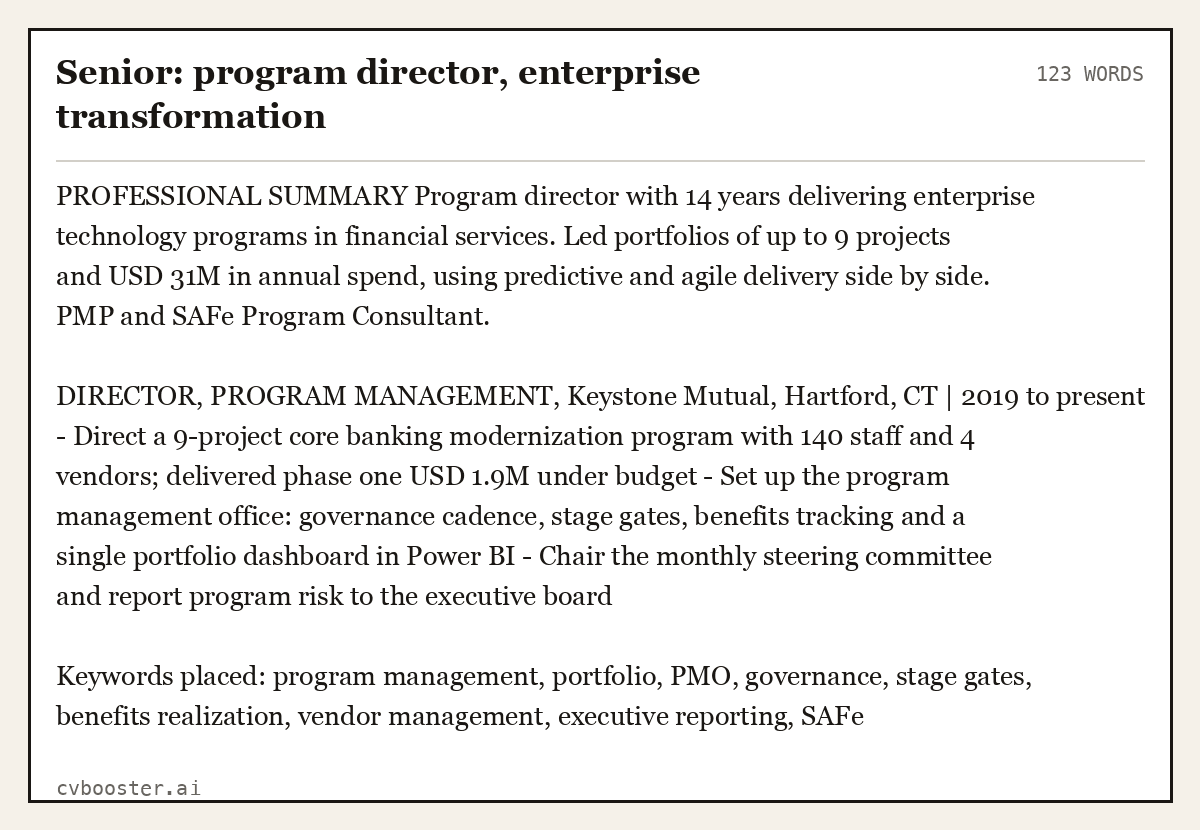 Complete Senior: program director, enterprise transformation example, 123 words, laid out as it would sit in the application form