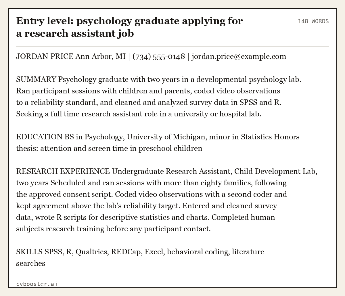 Complete Entry level: psychology graduate applying for a research assistant job example, 148 words, laid out as it would sit in the application form
