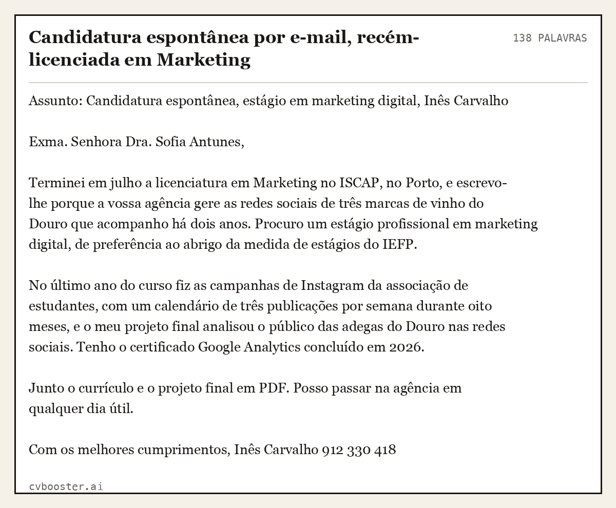Exemplo completo: Candidatura espontânea por e-mail, recém-licenciada em Marketing, 138 palavras