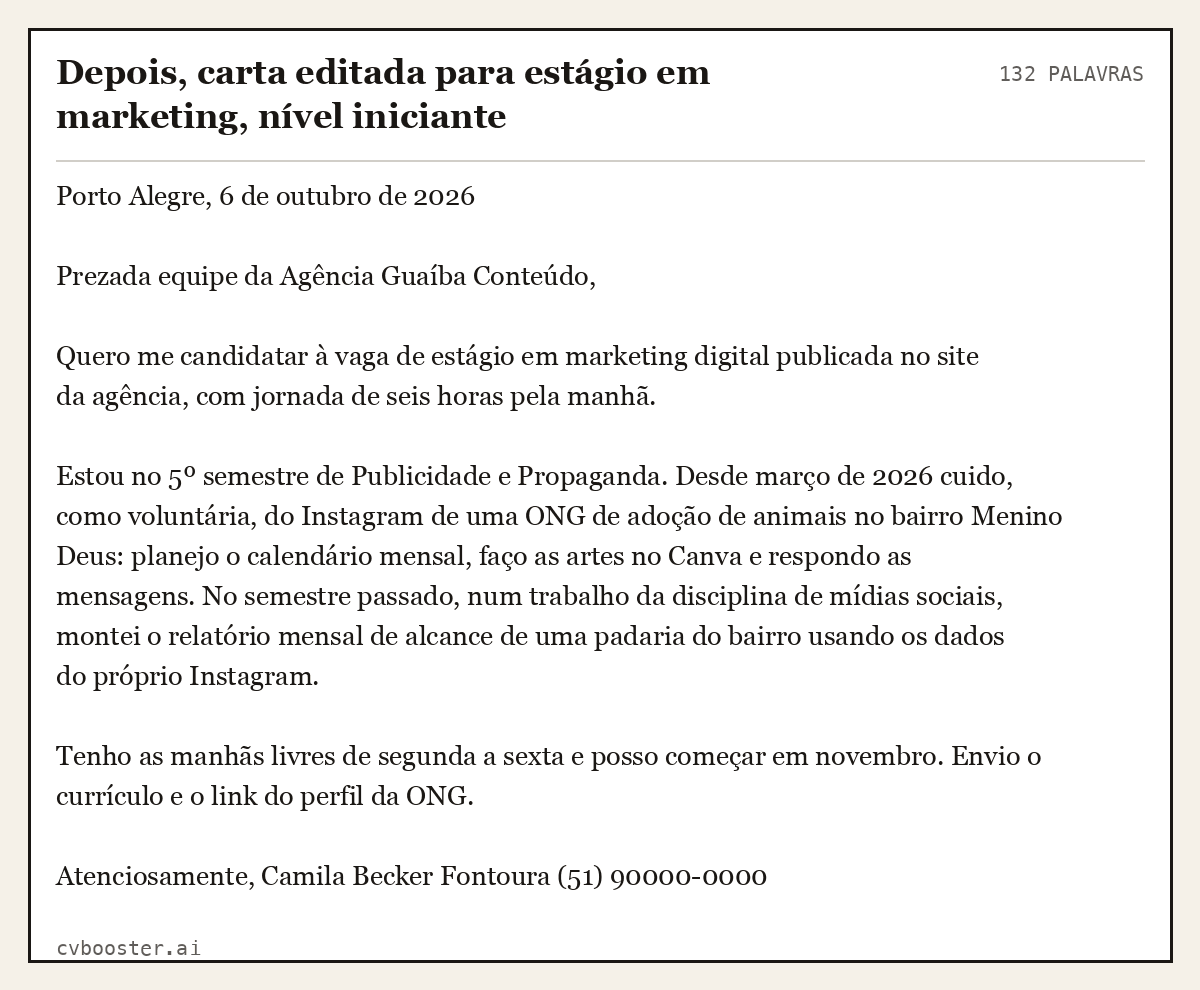 Exemplo completo: Depois, carta editada para estágio em marketing, nível iniciante, 132 palavras