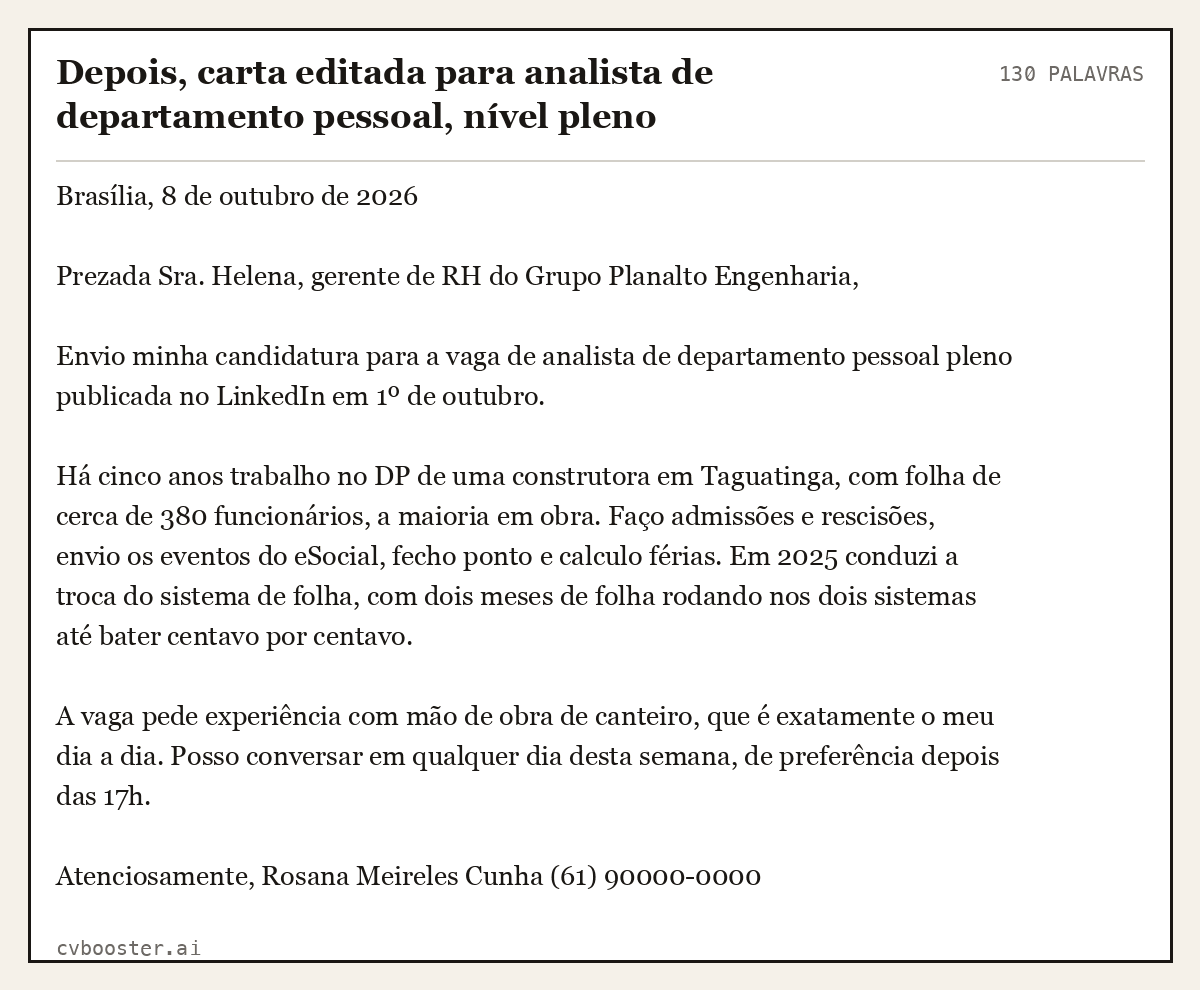Exemplo completo: Depois, carta editada para analista de departamento pessoal, nível pleno, 130 palavras