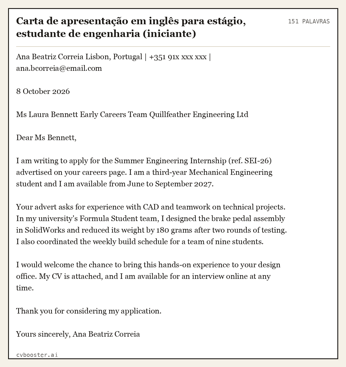 Exemplo completo: Carta de apresentação em inglês para estágio, estudante de engenharia (iniciante), 151 palavras