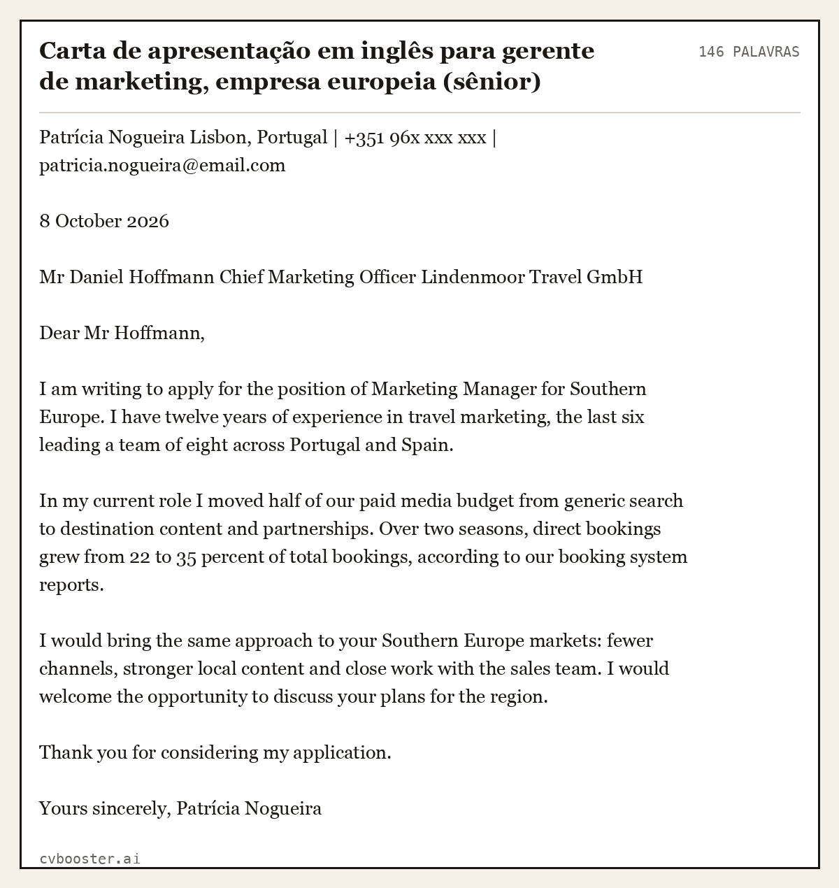 Exemplo completo: Carta de apresentação em inglês para gerente de marketing, empresa europeia (sênior), 146 palavras