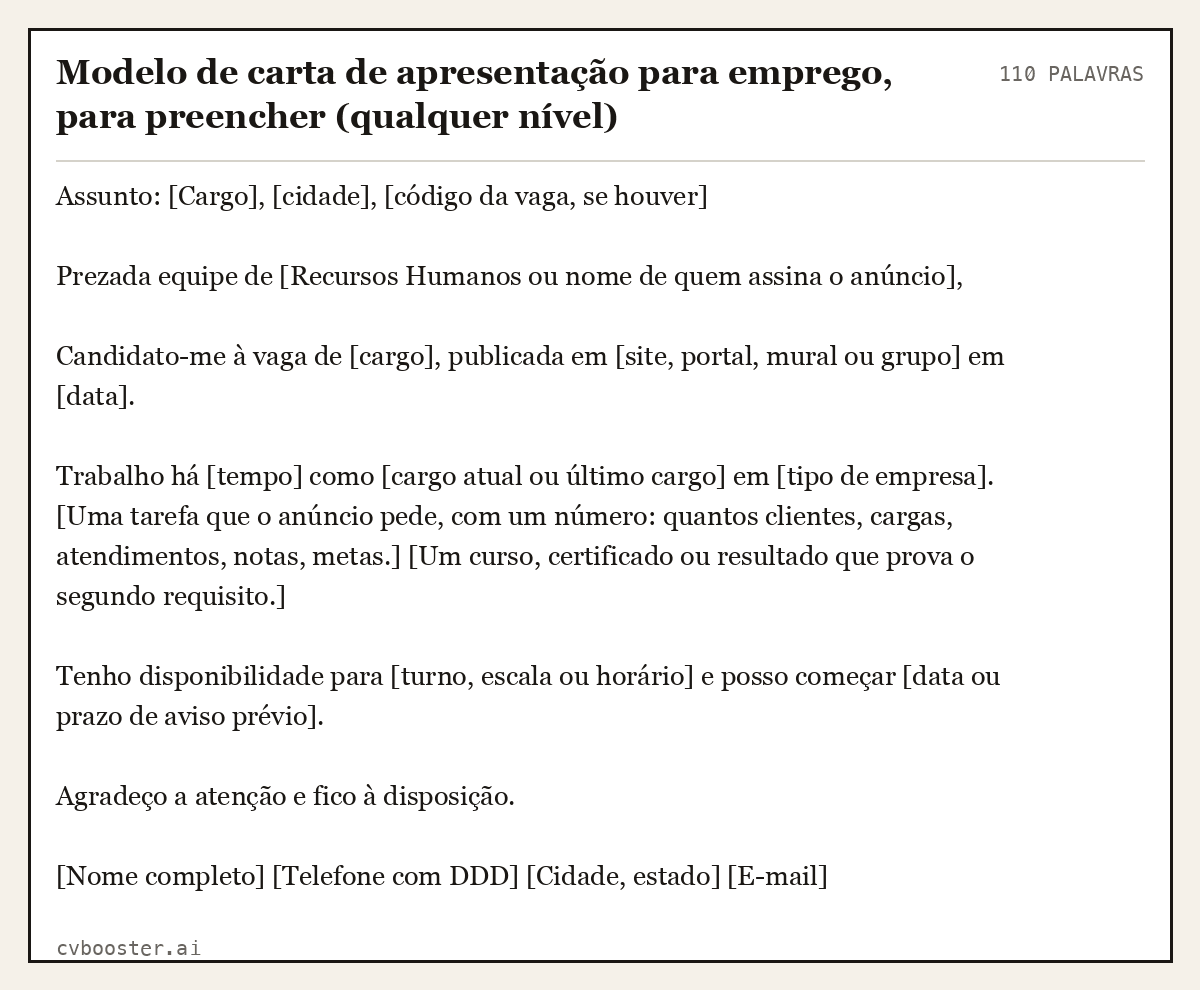 Exemplo completo: Modelo de carta de apresentação para emprego, para preencher (qualquer nível), 110 palavras