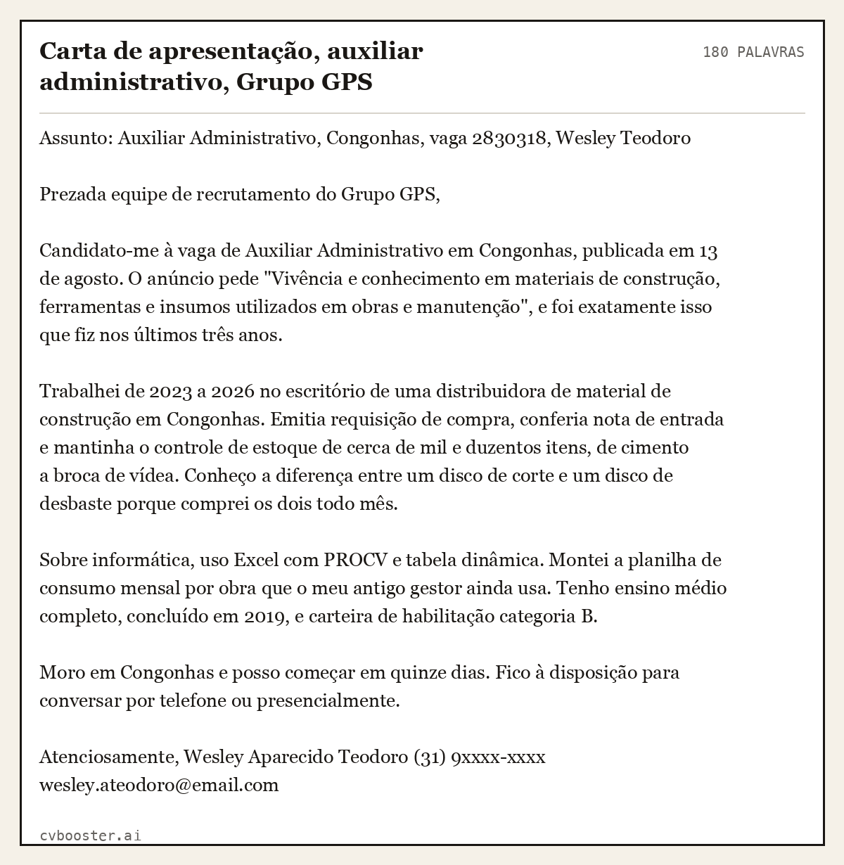 Exemplo completo: Carta de apresentação, auxiliar administrativo, Grupo GPS, 180 palavras