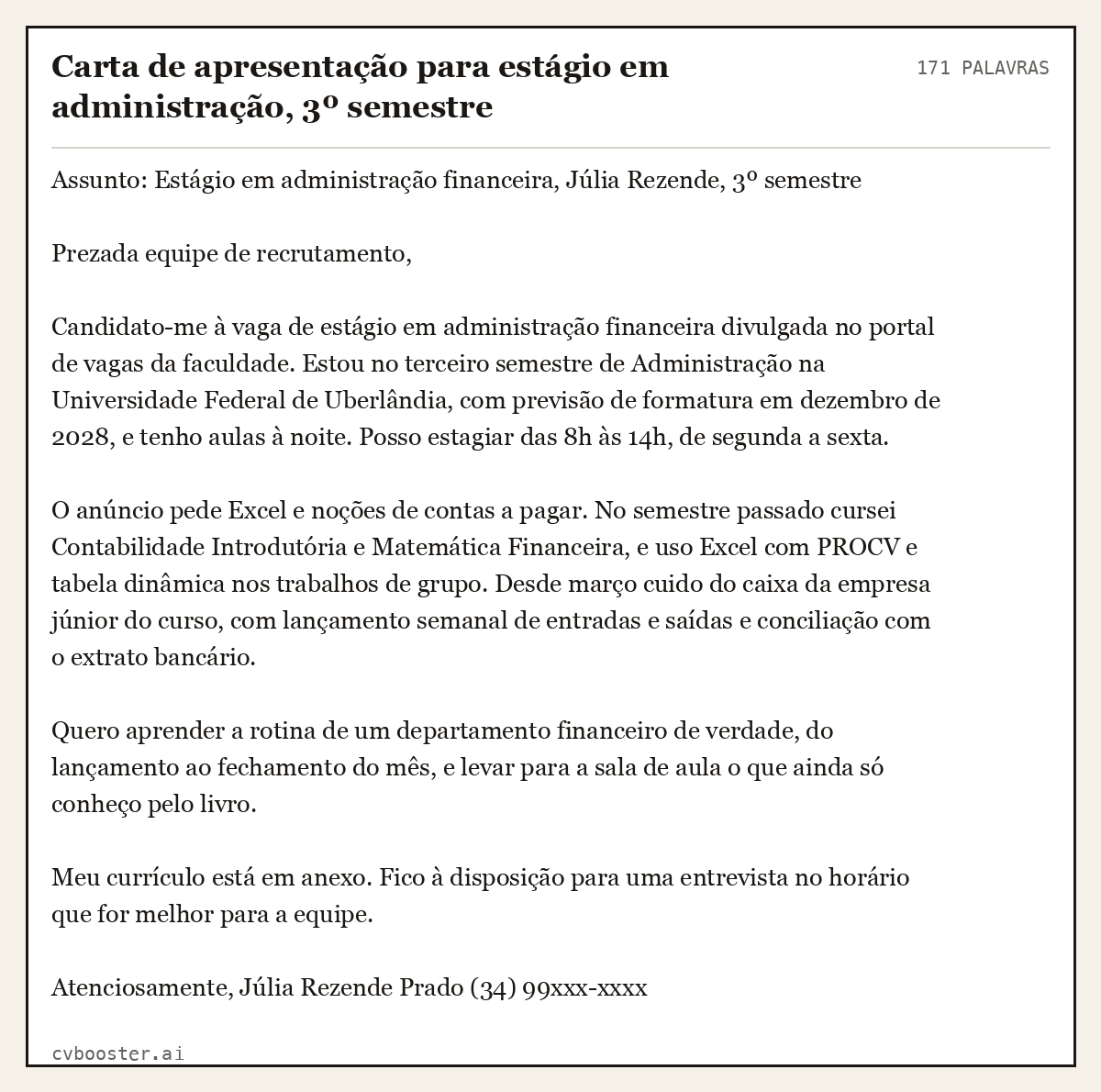 Exemplo completo: Carta de apresentação para estágio em administração, 3º semestre, 171 palavras