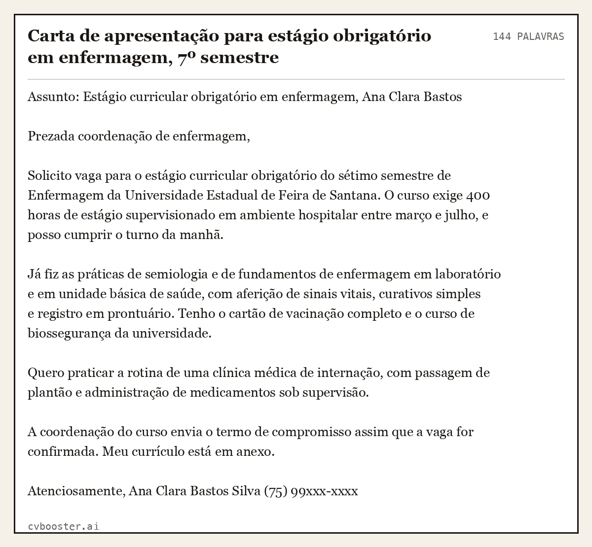 Exemplo completo: Carta de apresentação para estágio obrigatório em enfermagem, 7º semestre, 144 palavras