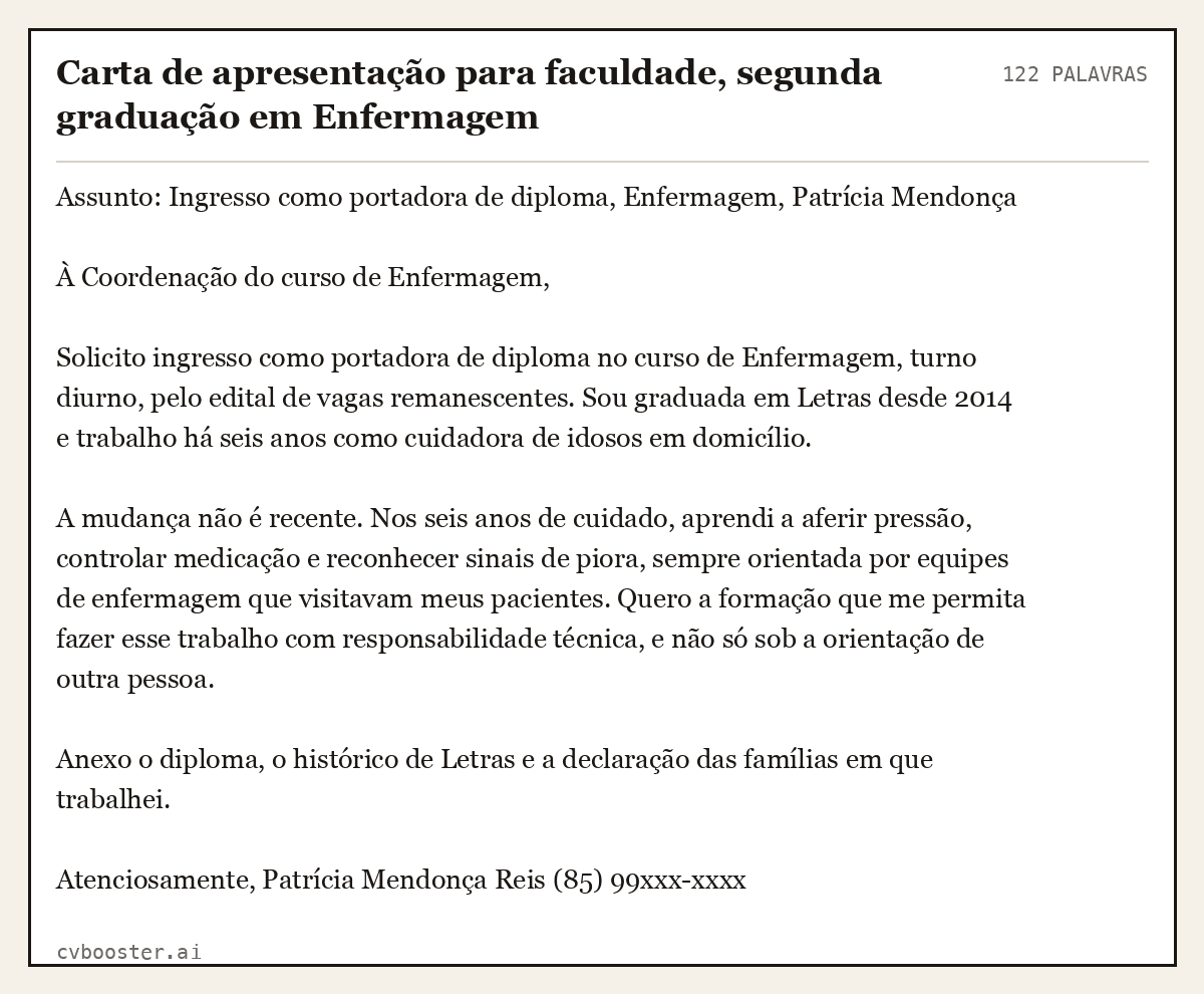 Exemplo completo: Carta de apresentação para faculdade, segunda graduação em Enfermagem, 122 palavras
