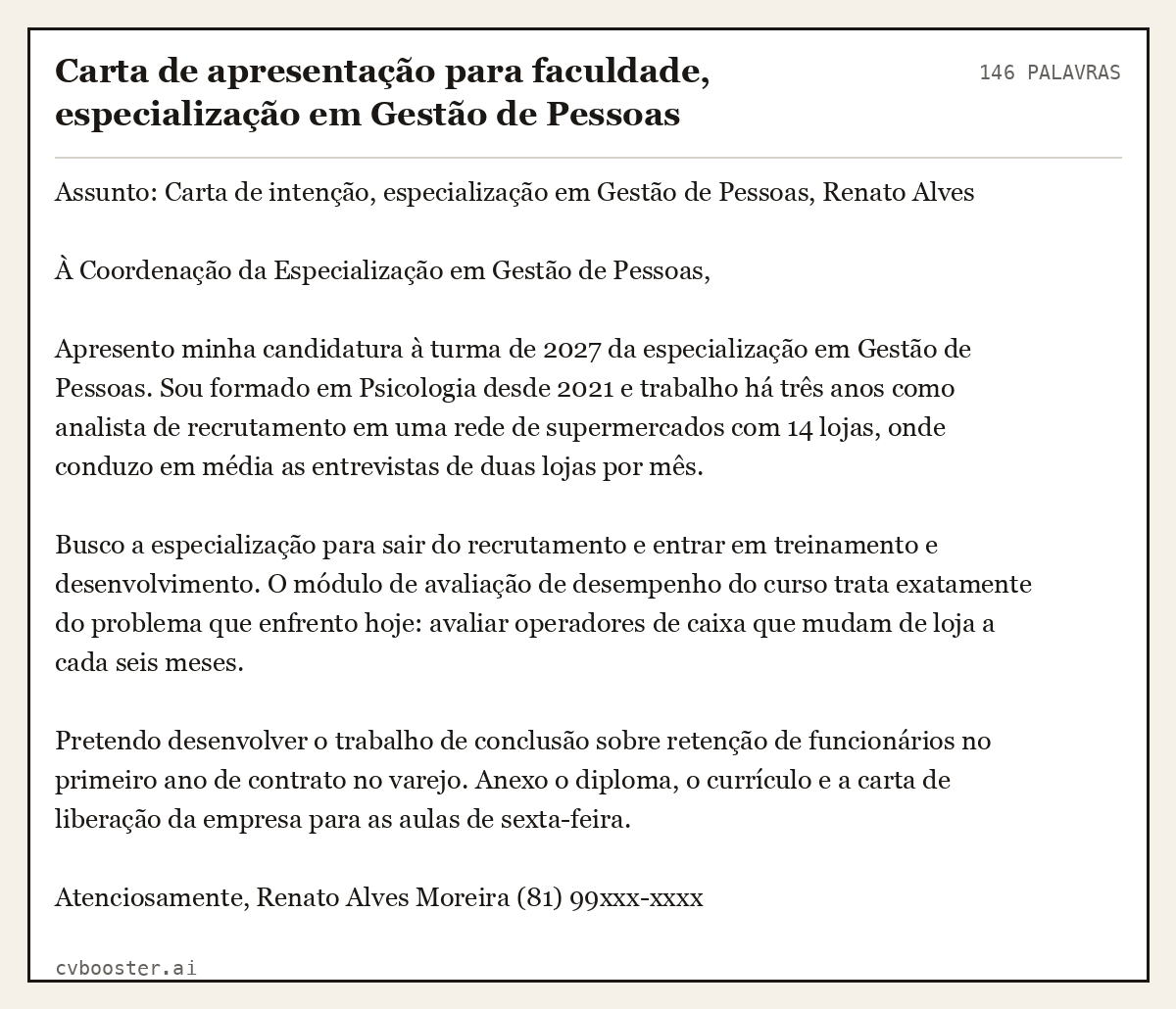 Exemplo completo: Carta de apresentação para faculdade, especialização em Gestão de Pessoas, 146 palavras