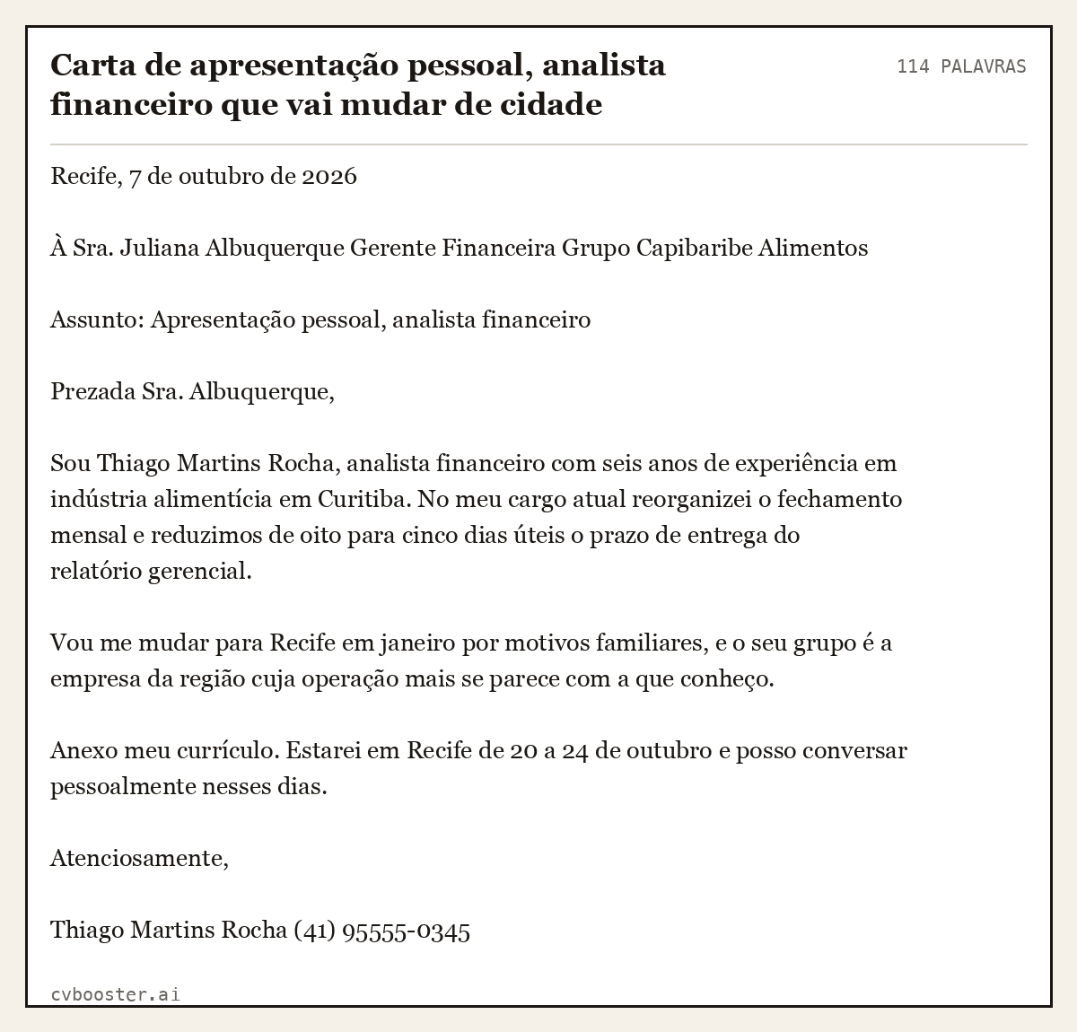 Exemplo completo: Carta de apresentação pessoal, analista financeiro que vai mudar de cidade, 114 palavras