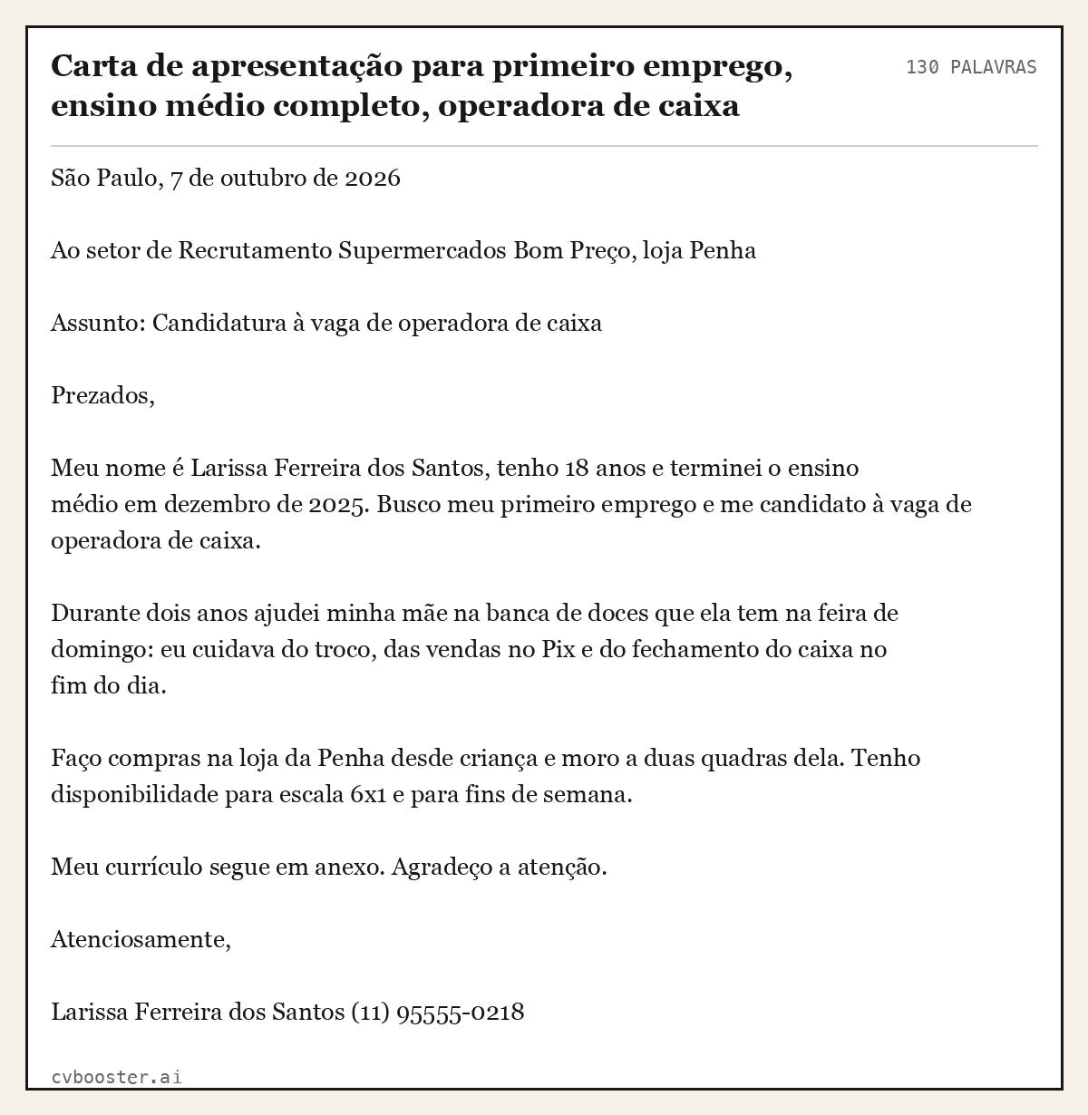 Exemplo completo: Carta de apresentação para primeiro emprego, ensino médio completo, operadora de caixa, 130 palavras