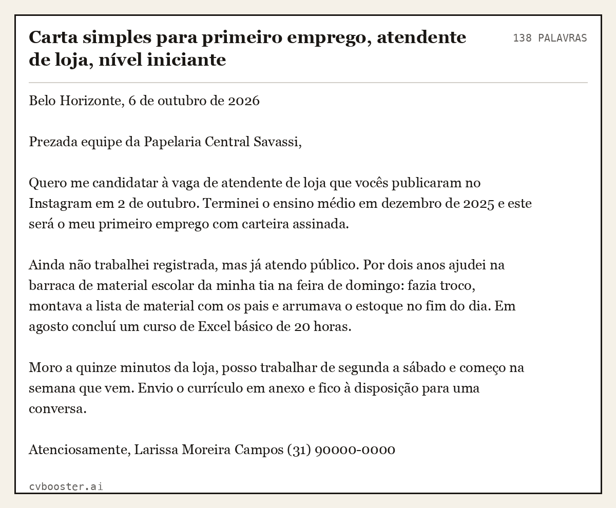Exemplo completo: Carta simples para primeiro emprego, atendente de loja, nível iniciante, 138 palavras