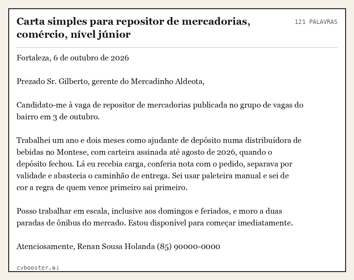 Exemplo completo: Carta simples para repositor de mercadorias, comércio, nível júnior, 121 palavras