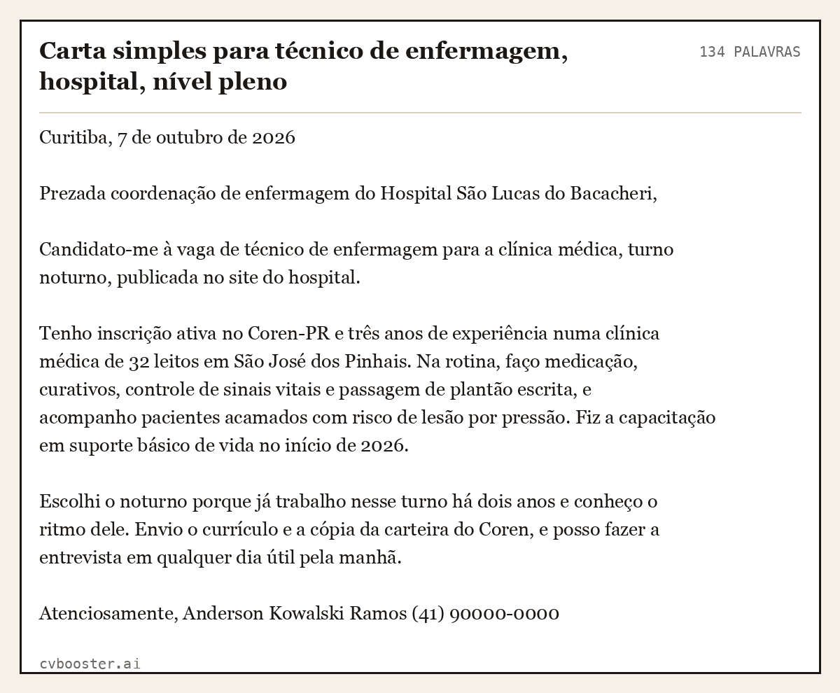 Exemplo completo: Carta simples para técnico de enfermagem, hospital, nível pleno, 134 palavras