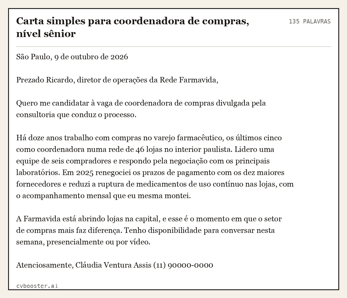 Exemplo completo: Carta simples para coordenadora de compras, nível sênior, 135 palavras