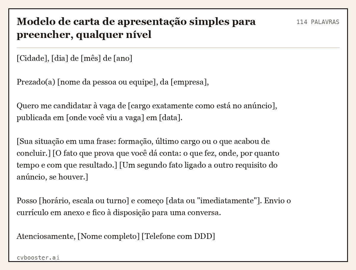 Exemplo completo: Modelo de carta de apresentação simples para preencher, qualquer nível, 114 palavras