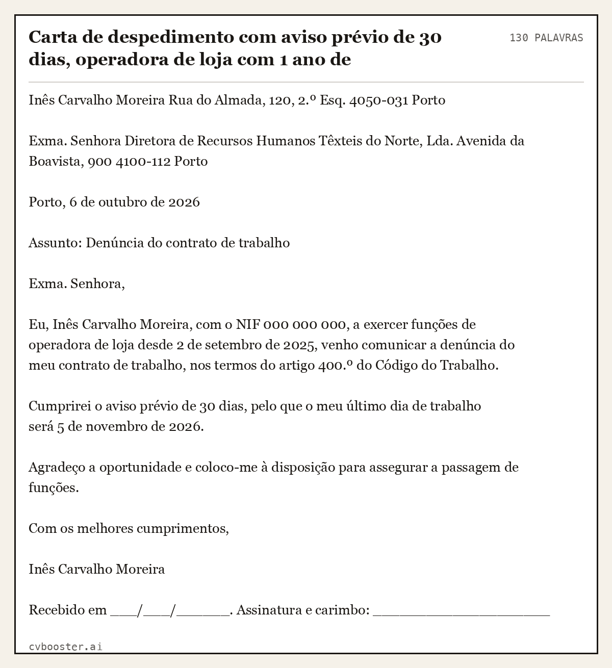 Exemplo completo: Carta de despedimento com aviso prévio de 30 dias, operadora de loja com 1 ano de antiguidade, 130 palavras
