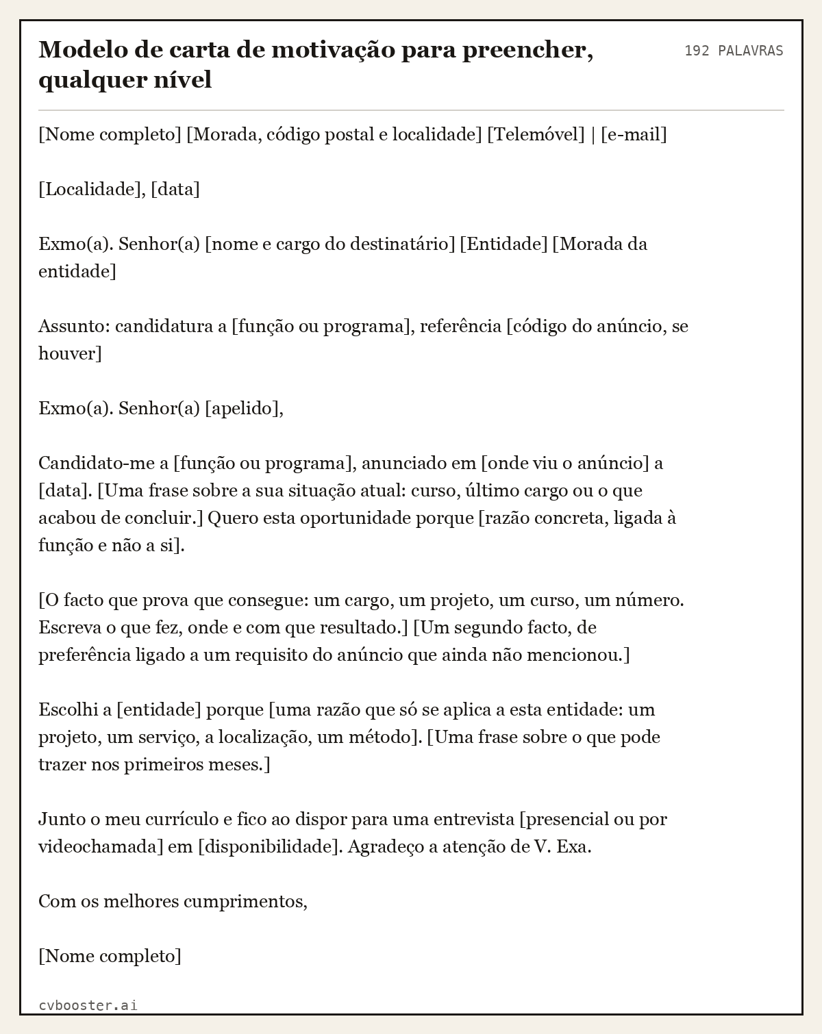 Exemplo completo: Modelo de carta de motivação para preencher, qualquer nível, 192 palavras