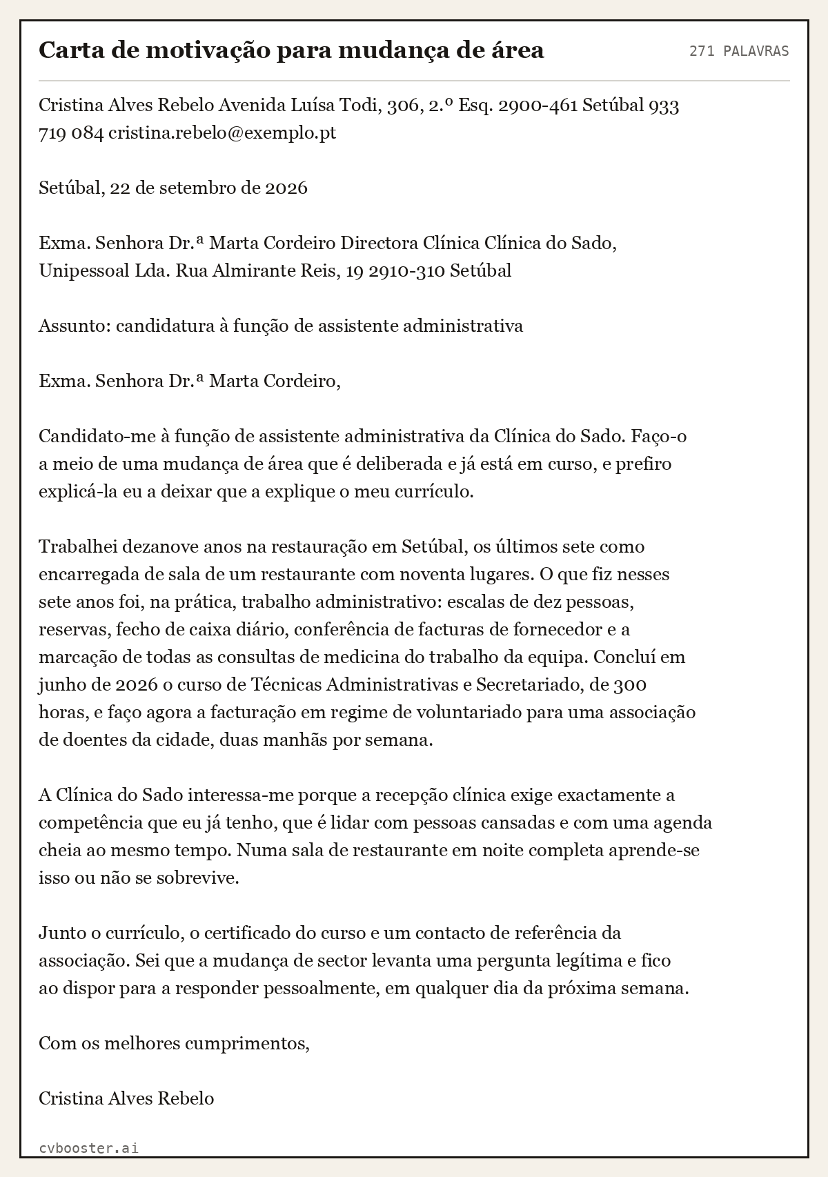 Exemplo completo: Carta de motivação para mudança de área, 271 palavras