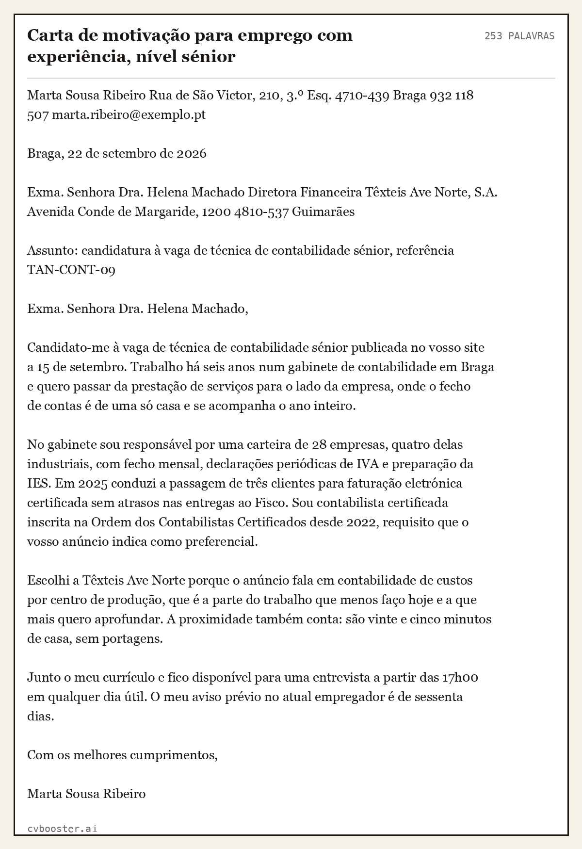 Exemplo completo: Carta de motivação para emprego com experiência, nível sénior, 253 palavras