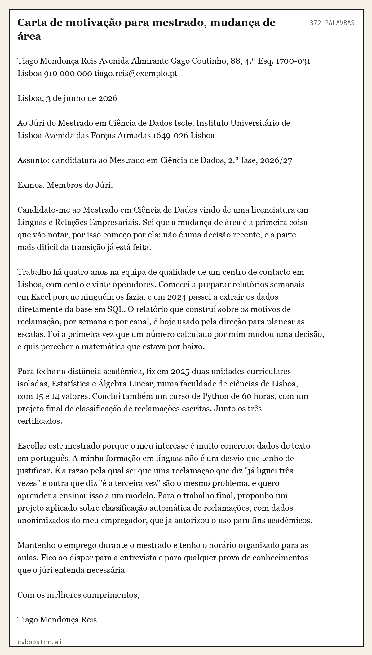 Exemplo completo: Carta de motivação para mestrado, mudança de área, 372 palavras