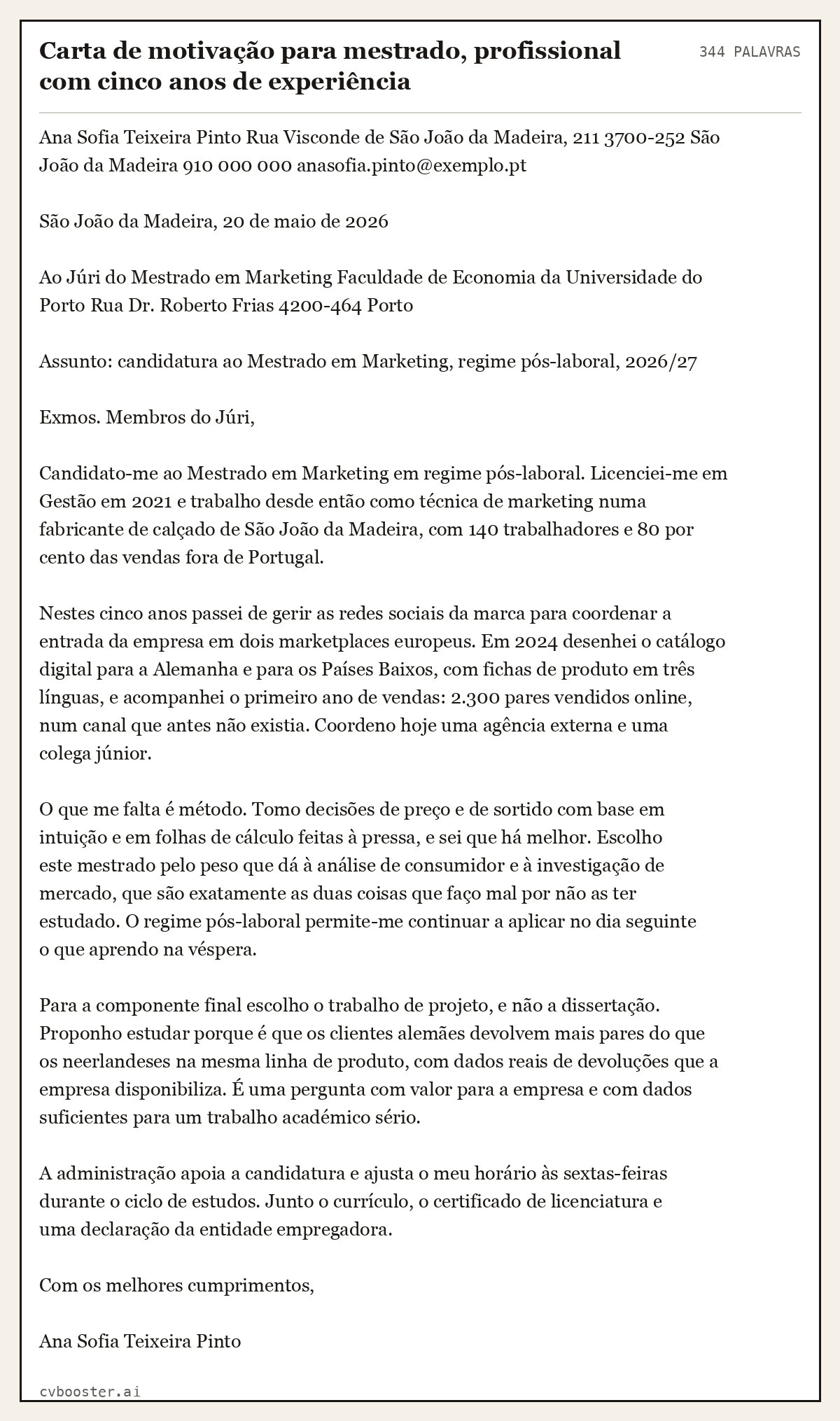 Exemplo completo: Carta de motivação para mestrado, profissional com cinco anos de experiência, 344 palavras
