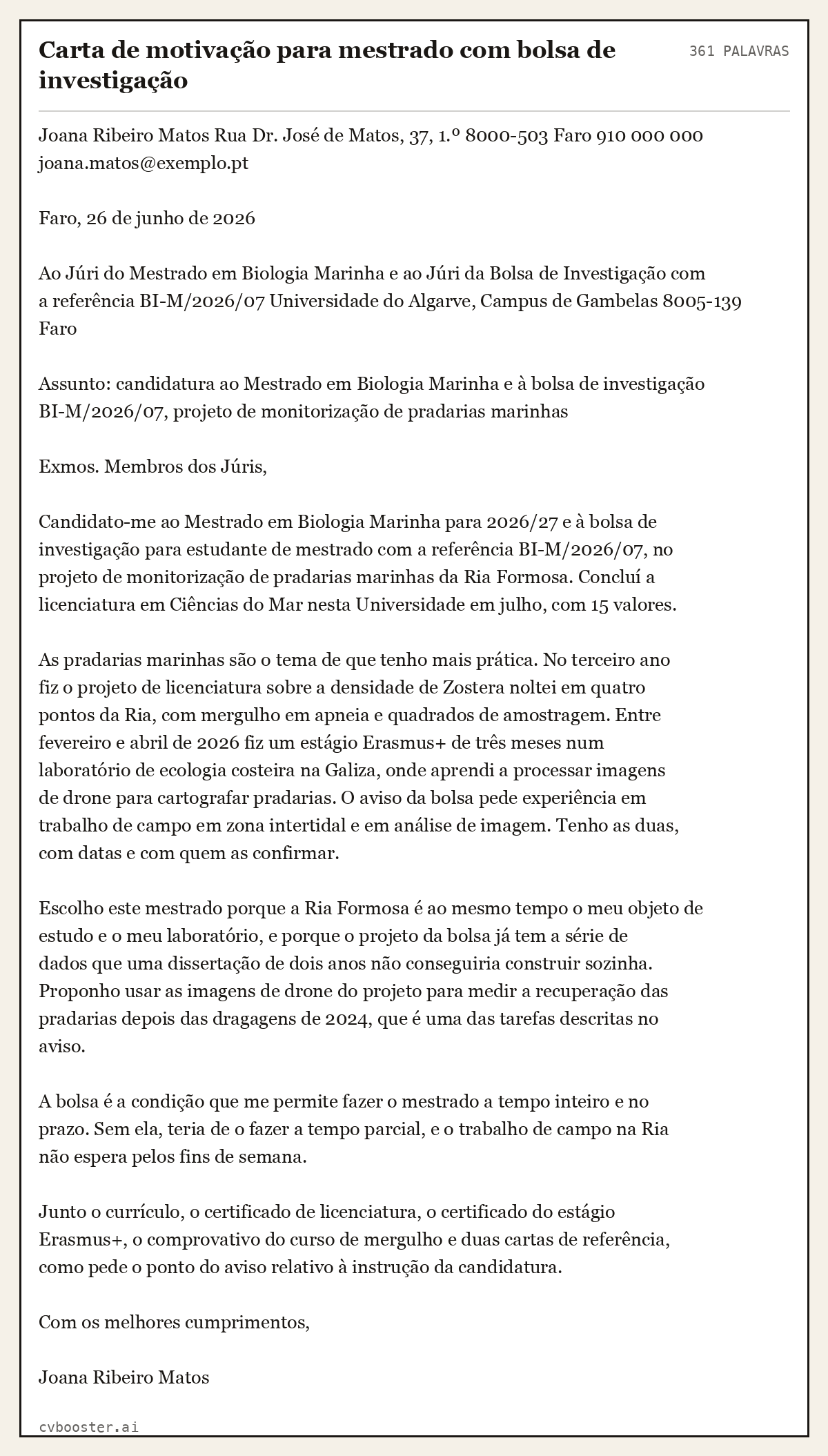 Exemplo completo: Carta de motivação para mestrado com bolsa de investigação, 361 palavras