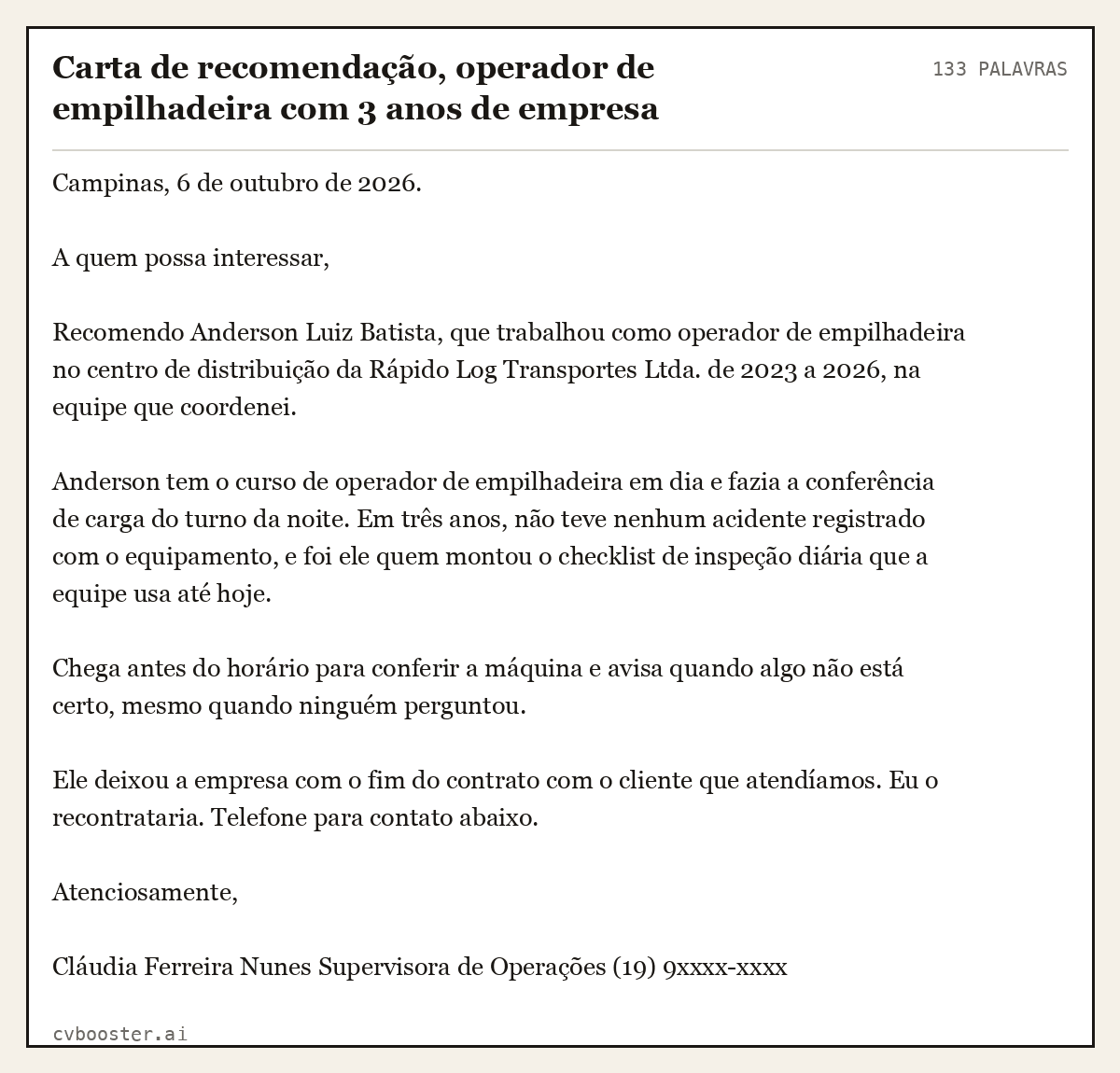 Exemplo completo: Carta de recomendação, operador de empilhadeira com 3 anos de empresa, 133 palavras