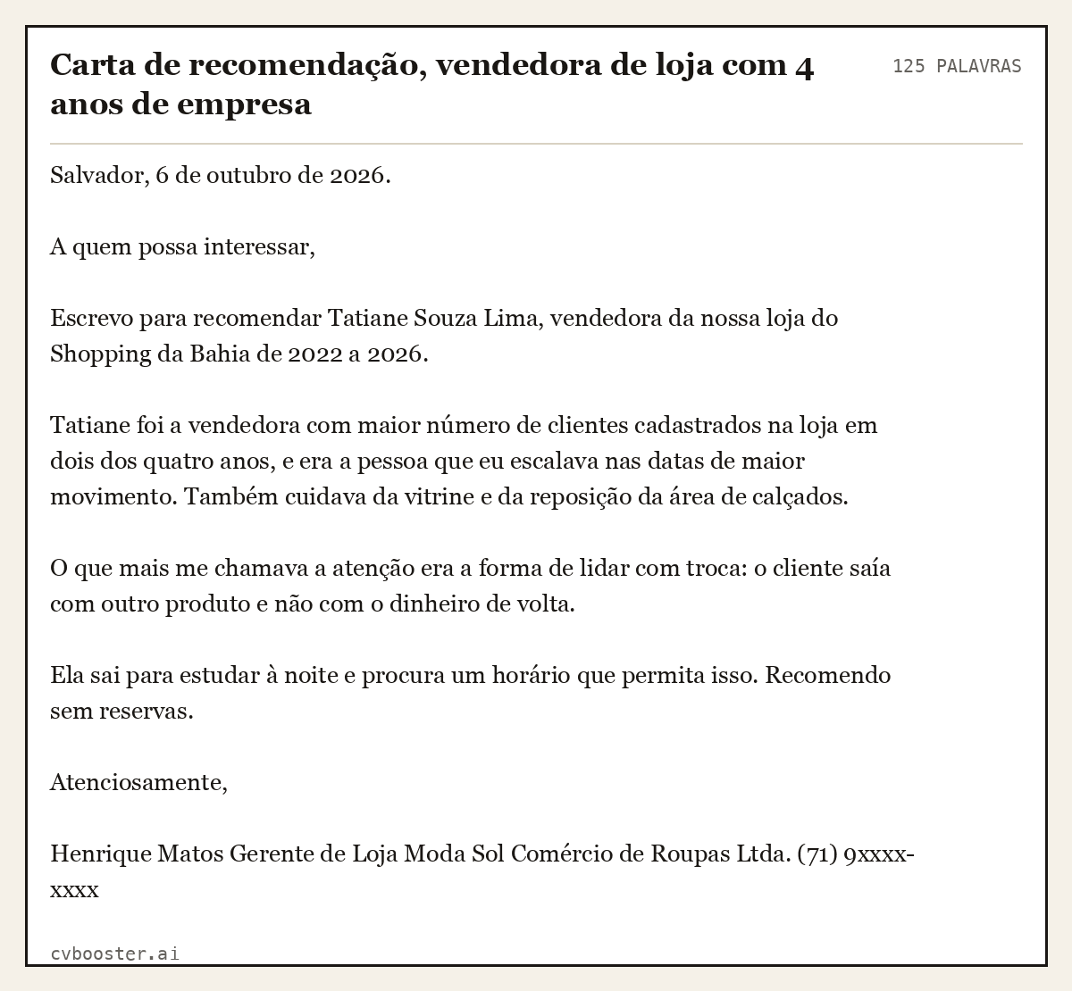 Exemplo completo: Carta de recomendação, vendedora de loja com 4 anos de empresa, 125 palavras