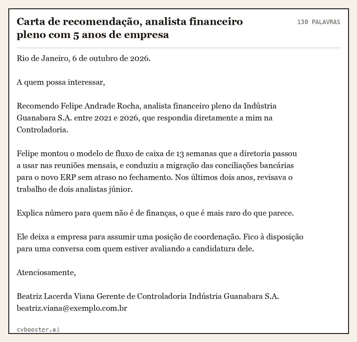 Exemplo completo: Carta de recomendação, analista financeiro pleno com 5 anos de empresa, 130 palavras