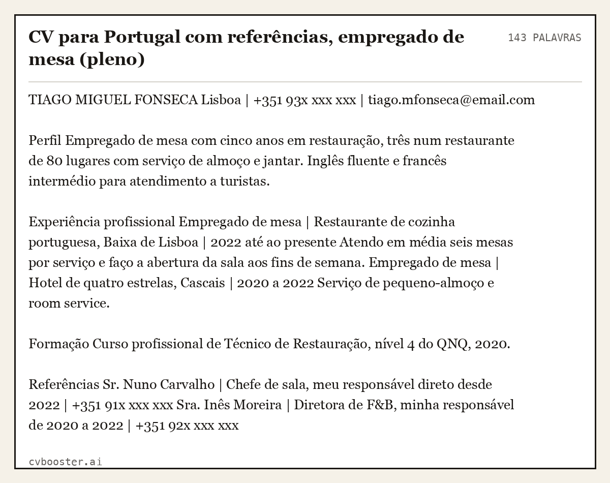 Exemplo completo: CV para Portugal com referências, empregado de mesa (pleno), 143 palavras